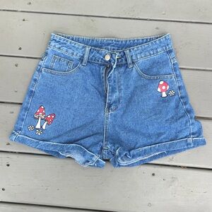 SHEIN Cute Jean Shorts with Mushrooms Size Medium